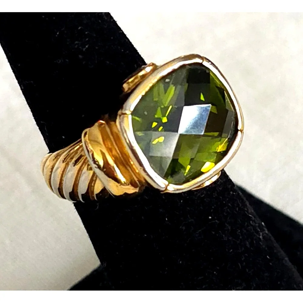 Vintage Sterling 925 Gold Tone Chunky Ring Green Faceted Glass Stone PAS Size 8